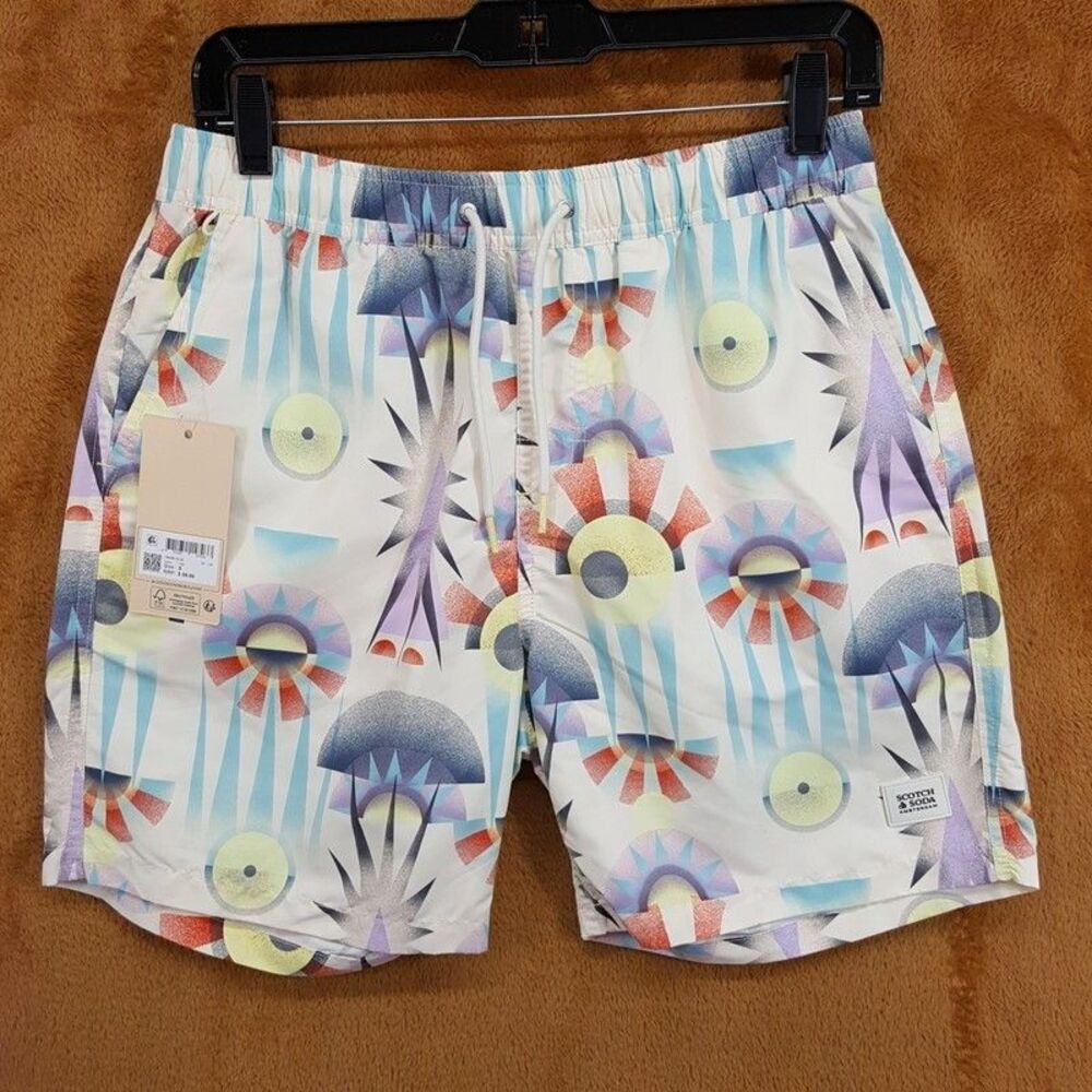 SCOTCH & SODA Swim Trunks Mens Small Tan Geo Tropical Drawstring Logo